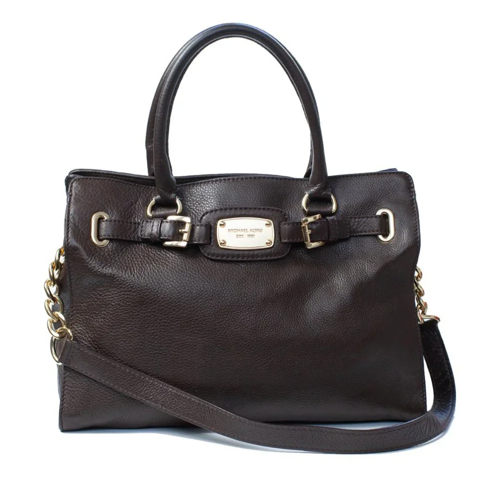 Michael Kors Hamilton East West Satchel Brown Pebbled Leather Gold Hardware